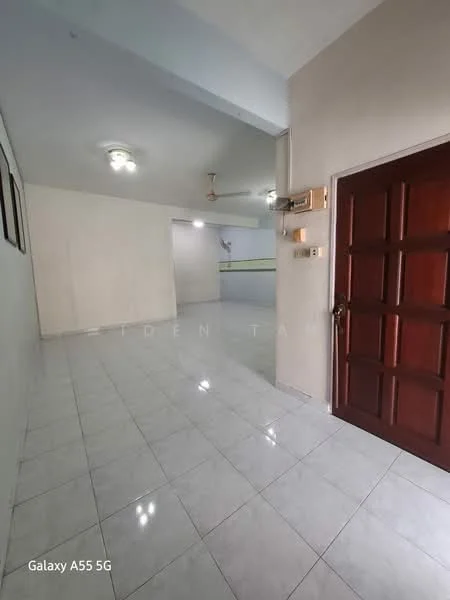 Room features: white painted walls, glossy ceramic tile flooring, ceiling with recessed downlights, 2-blade ceiling fan, wooden front door, doorbell, light switch, open layout, neutral color scheme; style: modern.