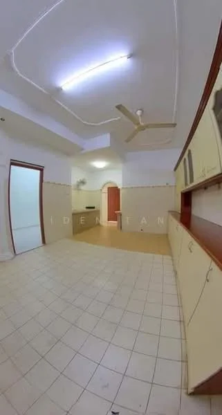 Room features: white painted walls, cream tiled flooring, ceiling fan, recessed ceiling lights, built-in cabinetry, open layout, doorway leading to another room, kitchen area visible in background.