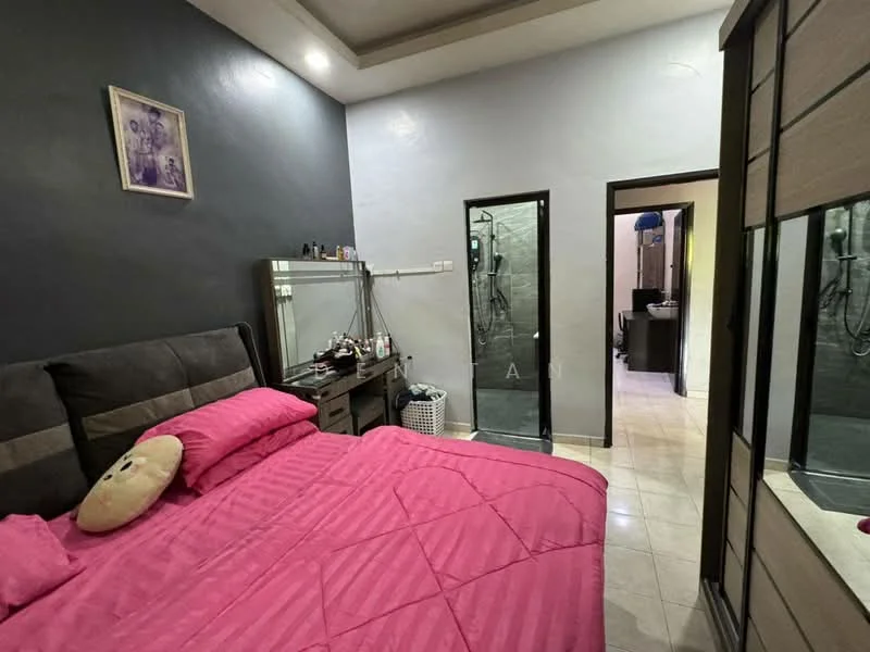 Bedroom features: pink bedspread, upholstered headboard, decorative pillow, wall-mounted mirror, dressing table, grey accent wall, cream painted walls, tile flooring, recessed ceiling lights, built-in wardrobe, two glass shower enclosures, doorway to bathroom; style: modern.