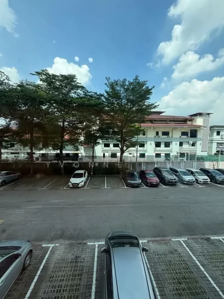 Exterior type: linked terrace house; features: manicured lawn, mature trees, parking lot with multiple vehicles, two-storey linked terrace houses, clear blue sky, surrounded by greenery; style: modern.