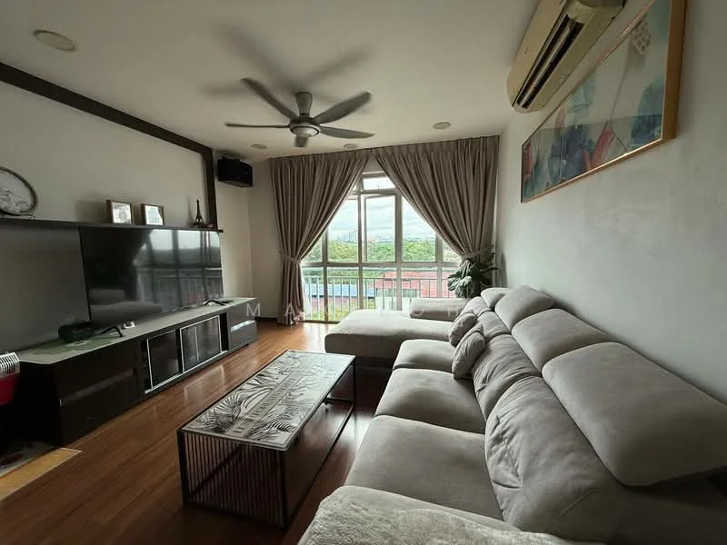 Living features: L-shape sectional sofa in light grey, coffee table with metal frame, wall-mounted TV, TV console with storage, 5-blade ceiling fan with light, floor-to-ceiling windows, curtains, wooden flooring, decorative wall art, indoor plant; style: modern; view: city.