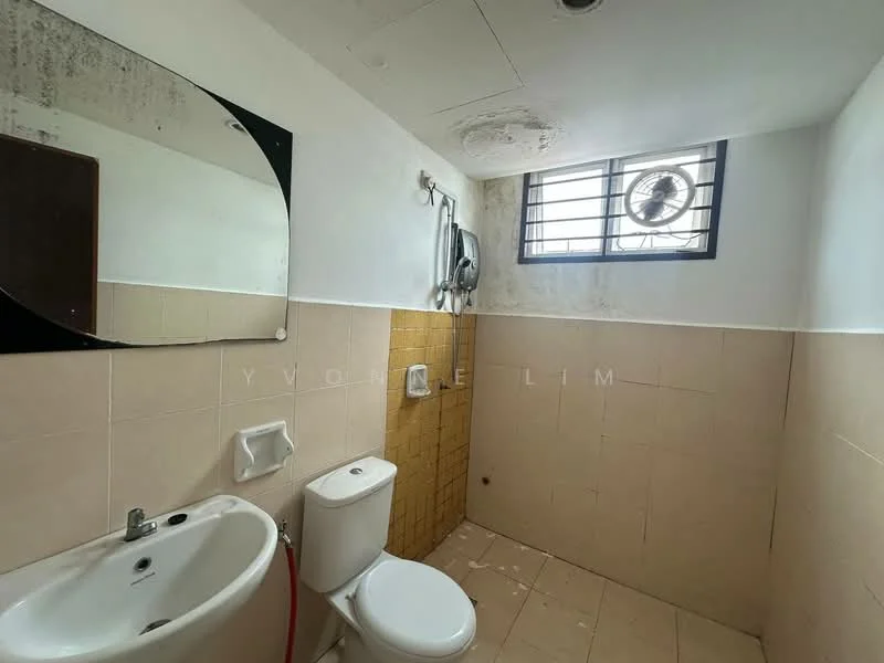 Bathroom features: white tiled walls, beige tiled walls, mirror, single-sink vanity, toilet, shower head, exhaust fan, floor drainage, wall-mounted shower, light fixture.
