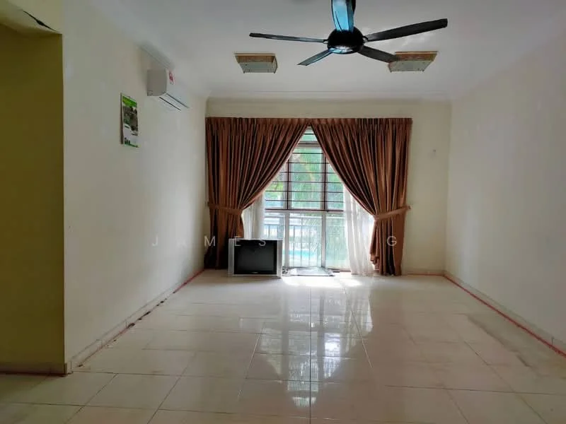 Living features: cream painted walls, glossy tile flooring, 5-blade ceiling fan, floor-to-ceiling windows, curtains in brown, air conditioning unit, TV console, natural light from window; view: garden.