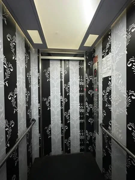 Room features: striped wallpaper with floral pattern in black and white, metal handrails, ceiling lights, elevator control panel, flooring is dark, mirrored elevator doors; style: modern.