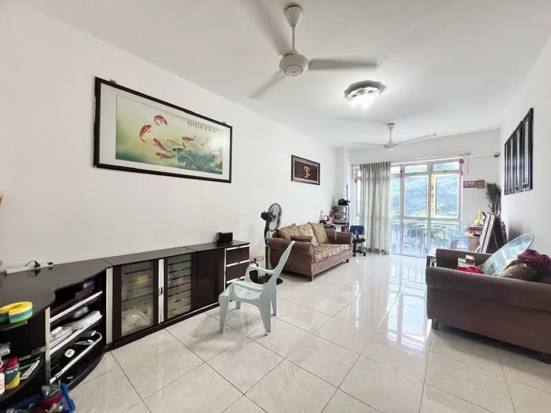 Living features: white painted walls, glossy tile flooring, 5-blade ceiling fan with light, sofa in beige, coffee table, TV console, wall-mounted TV, large sliding glass door, curtains, decorative wall art, area rug, potted plant; style: modern; view: garden.