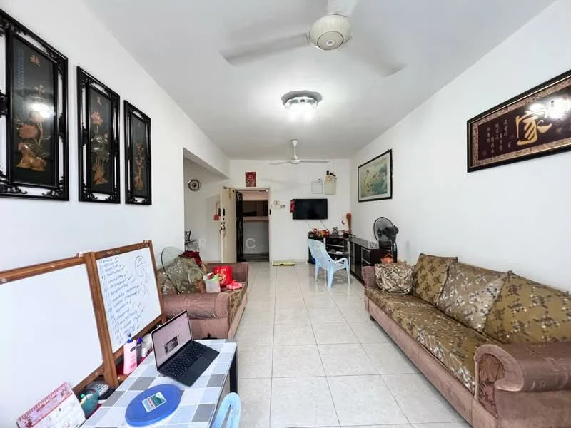 Living features: white painted walls, tile flooring, ceiling fan, 3-seater fabric sofa in beige, 2-seater fabric sofa with floral pattern, wall-mounted TV, coffee table, decorative wall art, framed artwork, area rug, study desk, open shelving; style: modern.