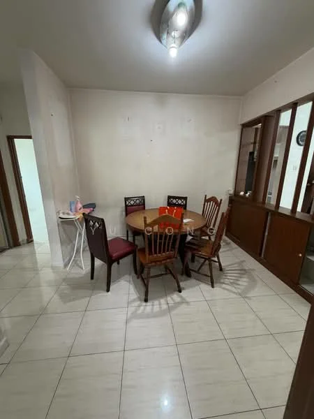 Dining features: round wooden dining table, 6 wooden dining chairs, white walls, glossy tile flooring, ceiling light fixture, open layout to adjacent room, wooden cabinetry, decorative wall clock; style: modern.