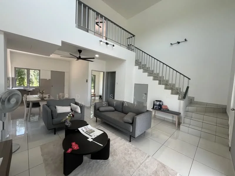 Living features: 2-seater fabric sofa in grey, 3-seater fabric sofa in grey, coffee table, area rug, ceiling fan, wall-mounted light fixture, large windows with natural light, white painted walls, tiled flooring, open staircase with metal railing; style: modern. Kitchen features: open layout, white cabinetry, countertop, stainless-steel appliances, sink, tile backsplash; style: modern.