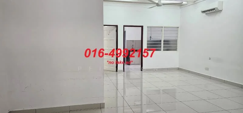 Room features: white painted walls, glossy ceramic tile flooring, ceiling with exposed beams, 1 wall-mounted split AC, large window with horizontal blinds, doorway leading to another room, neutral color scheme, open layout; style: modern.