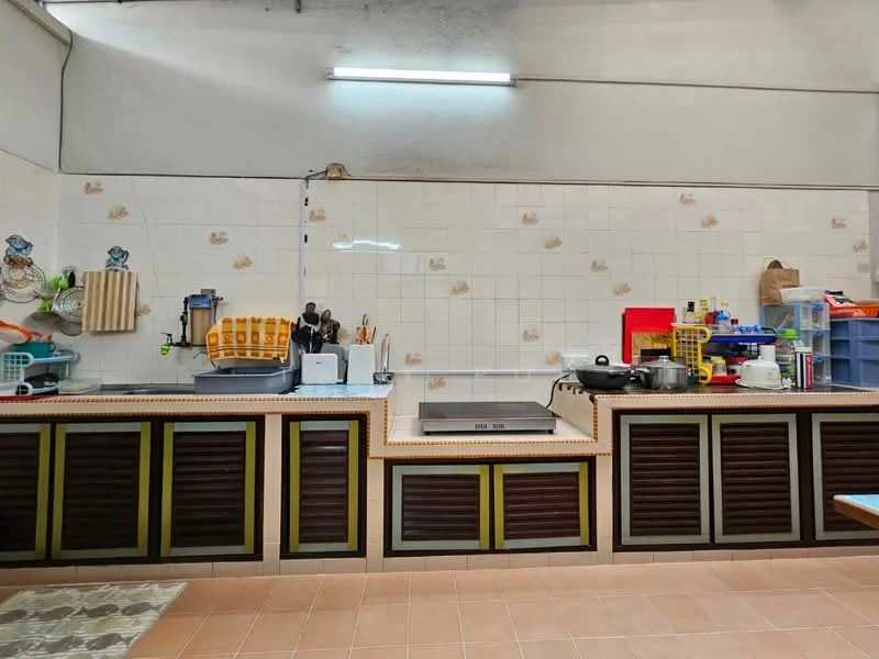Kitchen features: tile backsplash with floral pattern, laminate countertop, built-in stove, wood cabinetry with brown finish, open shelving, sink, kitchen utensils and appliances visible, tile flooring, overhead fluorescent lighting.