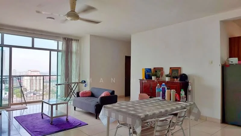 Living features: floor-to-ceiling windows, sliding glass door, grey fabric sofa, coffee table, dining table with 4 chairs, ceiling fan, light-colored walls, tile flooring, decorative wall art, open layout, city view; style: modern; view: city.