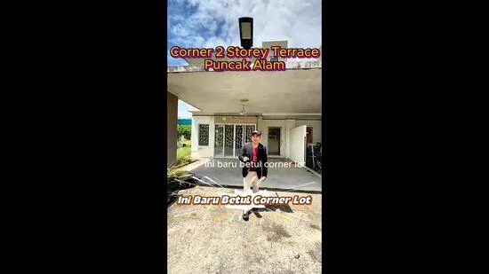 Exterior type: corner terrace house; features: two-storey structure, concrete facade, large front porch, sliding glass doors, multiple windows, outdoor lighting fixture, manicured lawn, paved driveway, surrounded by greenery, open space in front; style: modern.