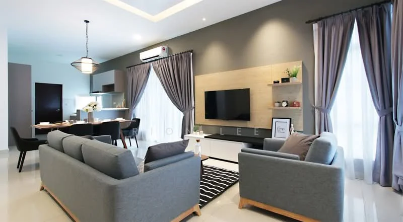 Living features: grey fabric 3-seater sofa, grey fabric 2-seater sofa, black and white area rug, wall-mounted TV, light wood feature wall, white TV console, suspended ceiling with recessed lighting, 5-blade ceiling fan, floor-to-ceiling windows with sheer curtains, dark grey accent wall, decorative wall shelf, decorative plants, dining area visible in background; style: modern.