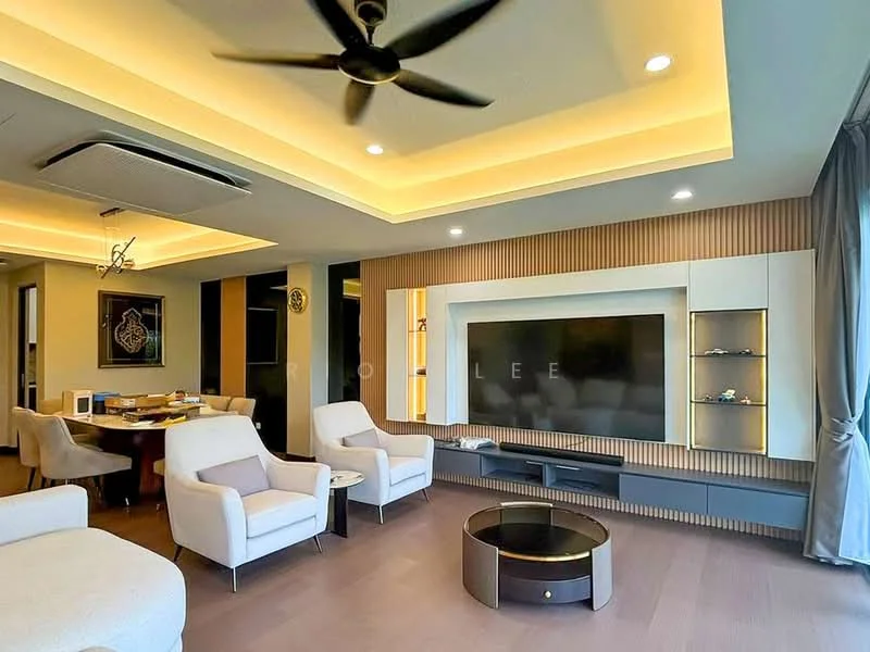 Living features: 5-blade ceiling fan with light, recessed downlights, tray ceiling, wood panel accent wall, built-in TV unit, wall-mounted TV, coffee table, 2 armchairs in white upholstery, dining table with chairs, large windows with sheer curtains, wooden flooring, decorative wall clock; style: modern; view: city.