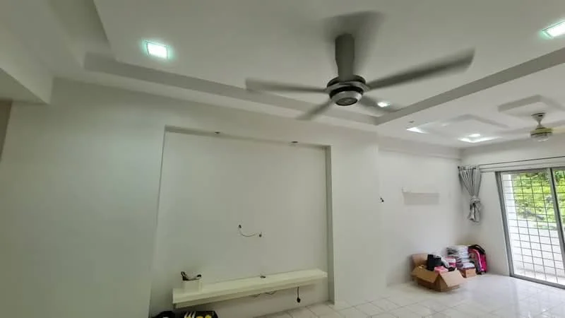 Living features: white painted walls, tray ceiling, recessed downlights, 5-blade ceiling fan, white tiled flooring, sliding glass door, curtains, built-in wall shelf, open space layout, natural light from windows; style: modern; view: garden.