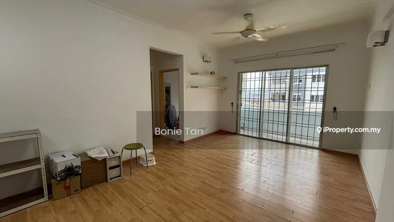 Living features: light wood laminate flooring, white painted walls, ceiling fan, large sliding glass door, window with grid design, built-in shelving unit, neutral color scheme, natural light from windows; style: modern.