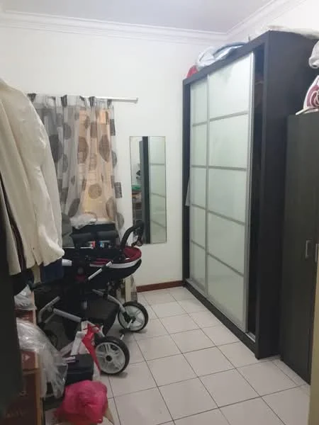Room features: white painted walls, tile flooring, sliding mirror wardrobe, full-length mirror, curtains with polka dot pattern, stroller, various bags and items on the floor, wooden cabinet.