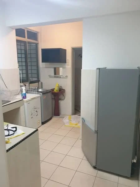 Kitchen features: white painted walls, cream tiled flooring, single-bowl stainless-steel sink, chrome pull-down faucet, built-in kitchen cabinet, freestanding refrigerator, freestanding washing machine, countertop space, wall-mounted cabinet, window with grid pattern, open layout, utility area, shelf above sink; style: modern.