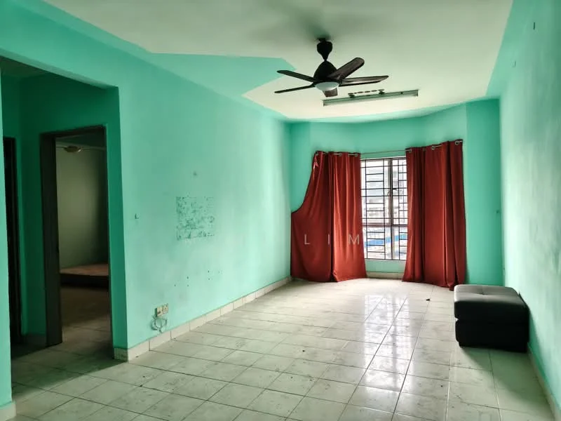 Living features: turquoise painted walls, white tiled flooring, 5-blade ceiling fan, floor-to-ceiling windows, red curtains, natural light from window, corner seating area, visible window view. Room features: white tiled flooring, turquoise painted walls, 5-blade ceiling fan.