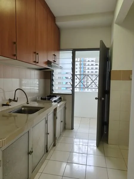 Kitchen features: single-bowl stainless-steel sink, chrome pull-down faucet, granite countertop, wood cabinetry in brown, built-in gas stove, tile backsplash, white ceramic tile flooring, window with metal grilles, door leading to balcony, light fixture on ceiling; style: modern; view: city.