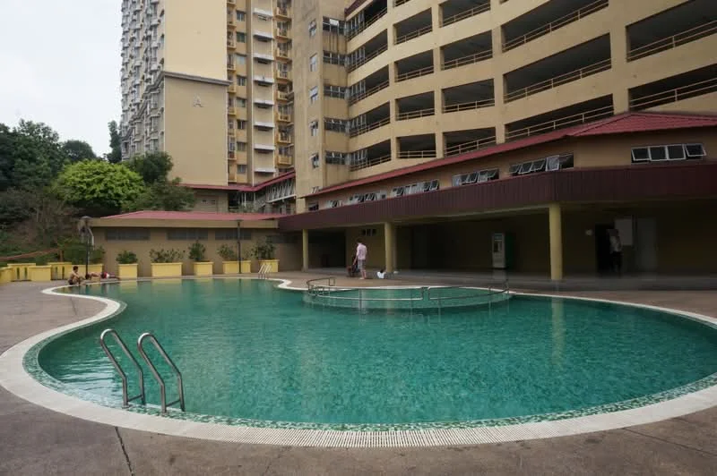 Exterior type: mid-rise condominium; features: infinity pool, pool deck with loungers, surrounding landscaping with greenery, multi-storey car park, residential building facade with balconies, covered walkway, outdoor seating area; style: modern.