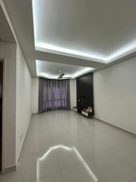Living features: white painted walls, grey accent wall, polished ceramic tile flooring, tray ceiling with LED lighting, 5-blade ceiling fan with light, floor-to-ceiling windows, sheer curtains, TV console, decorative shelving; style: modern; view: city.