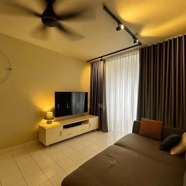 Living features: 3-seater fabric sofa in brown, floor-to-ceiling window with sheer curtains, wall-mounted TV, TV console in white, decorative wall clock, recessed LED downlights, 5-blade ceiling fan, light-colored tiled flooring, accent pillows in orange and brown, dark curtains; style: modern.