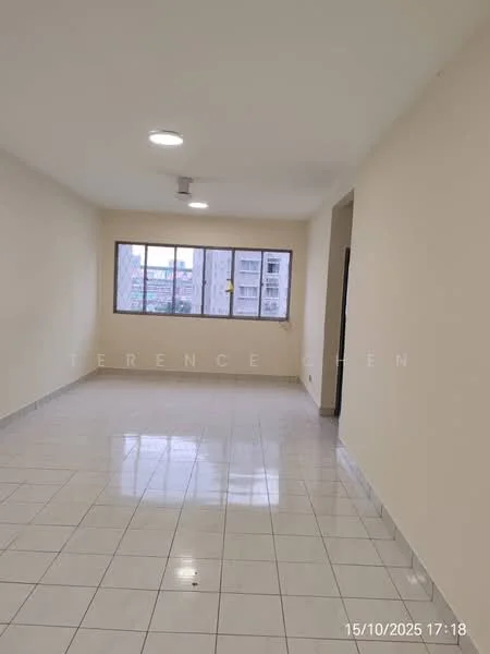 Room features: white painted walls, glossy ceramic tile flooring, recessed downlights, single ceiling fan, large windows, city view, neutral color scheme; style: modern; view: city.