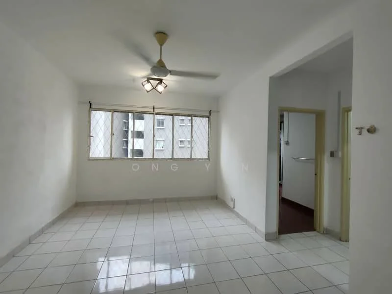 Room features: white painted walls, white tiled flooring, 5-blade ceiling fan with light, floor-to-ceiling windows with security bars, natural light from windows, neutral color scheme, open layout, corner of room leading to another space; style: minimalist.