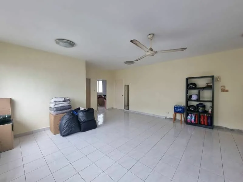 Room features: white painted walls, glossy ceramic tile flooring, 2 ceiling fans, large windows, built-in shelving unit, cardboard boxes, black bags, wooden stool.