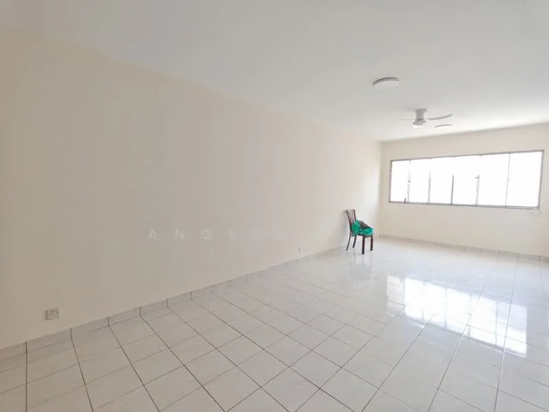 Room features: white painted walls, glossy white tile flooring, ceiling fan, large windows, natural light, empty space, single chair; style: minimalist.