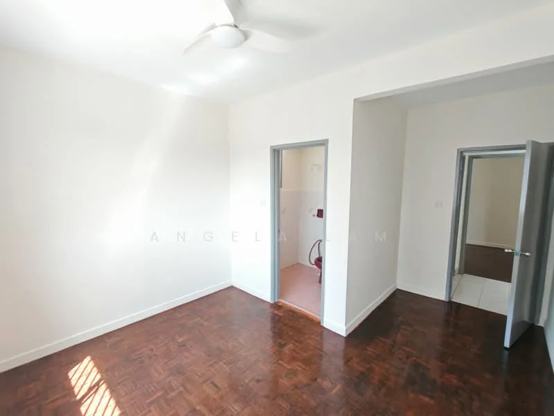 Room features: white painted walls, parquet wood flooring, ceiling fan, doorway leading to another room, doorway leading to bathroom, natural light from window, neutral color scheme.
