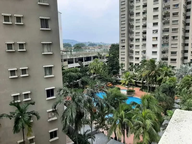 Exterior type: high-rise condominium; features: swimming pool, landscaped garden, palm trees, manicured lawn, surrounding residential buildings, outdoor seating area; style: modern.
