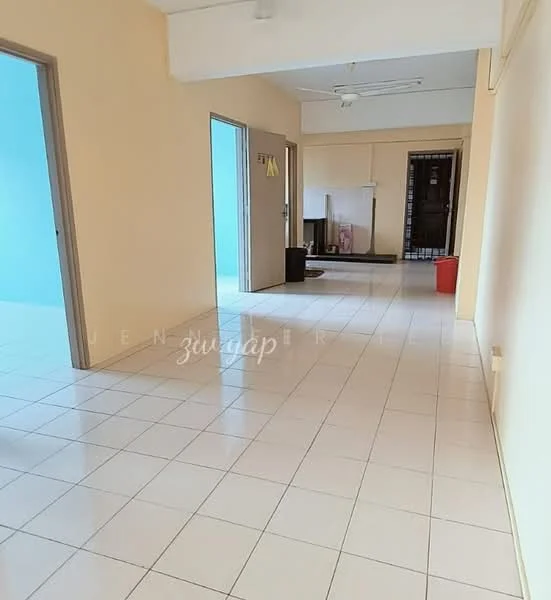 Room features: cream painted walls, white tiled flooring, ceiling fan, doorway leading to another room, doorway leading outside, large windows, open layout, light-colored trim.