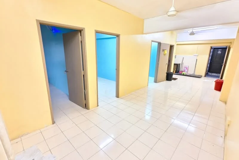 Room features: yellow painted walls, white tiled flooring, ceiling fan, multiple doorways, open layout, natural light from windows, neutral decor, no visible furniture; style: minimalist.