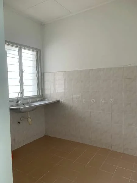 Room features: white painted walls, light beige tiled flooring, single-bowl stainless-steel sink, window with horizontal slats, plain countertop, no visible appliances, no cabinetry, minimal decor; style: minimalist.
