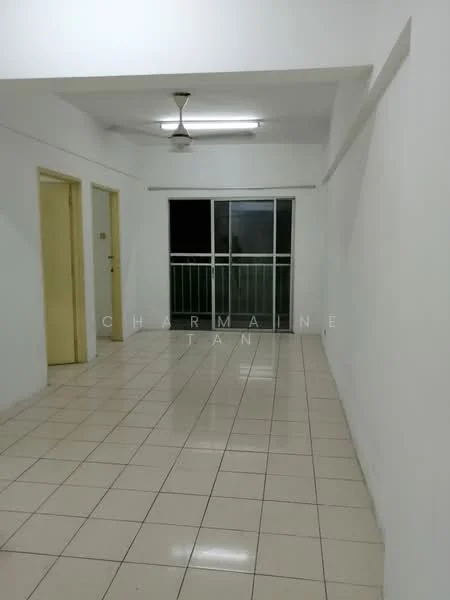 Room features: white painted walls, glazed ceramic tile flooring, ceiling fan, sliding glass door, balcony view, neutral color scheme, no visible furniture, large open space; style: minimalist.