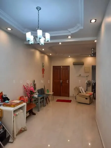 Room features: white painted walls, glossy tile flooring, recessed downlights, chandelier with four lights, wooden door, wall-mounted air conditioning unit, cream-colored sofa, wooden dining table, two dining chairs, decorative flowers in vase, red doormat, small side table, wall-mounted mirror; style: modern.
