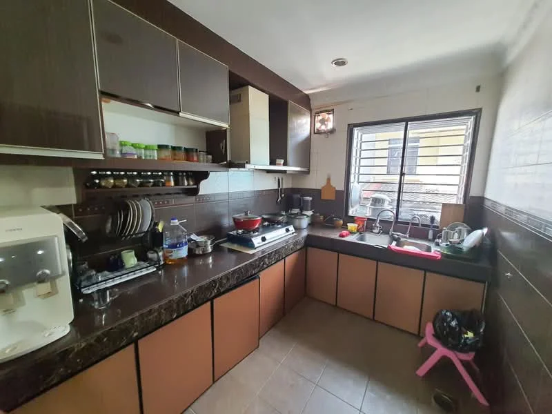 Kitchen features: brown cabinetry with flat-panel doors, black granite countertop, stainless-steel sink, chrome pull-down faucet, built-in oven, freestanding gas stove, dish rack, kitchen utensils, window with security bars, tile backsplash, ceramic tile flooring, overhead lighting fixture, open shelving, microwave, kettle; style: modern.