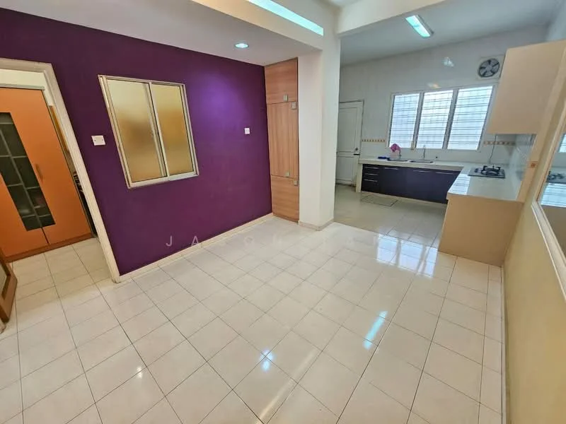 Room features: white tiled flooring, purple accent wall, cream painted walls, kitchen area visible, window with grid pattern, kitchen cabinets, stainless-steel sink, gas stove, countertop, door leading to another room; style: modern.
