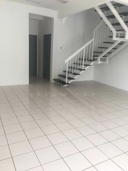 Room features: white painted walls, glossy white floor tiles, staircase with white railing and dark steps, open layout, no visible furniture, high ceiling, doorway to adjacent room, neutral color scheme; style: modern.