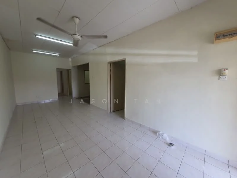 Room features: white painted walls, plain ceiling, ceiling fan, tiled flooring, single door, light switch, power outlet.