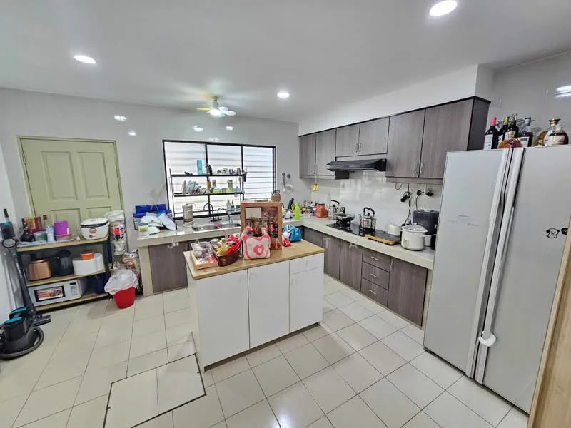 Kitchen features: grey laminate cabinetry, white countertop, stainless-steel double-bowl sink, chrome pull-down faucet, built-in oven, freestanding range oven, microwave, refrigerator, ceramic tile flooring, ceiling fan with light, window with sheer curtains, open shelving, decorative items on shelves, various kitchen appliances, kitchen island with seating; style: modern.