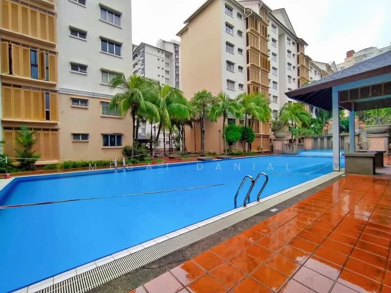 Exterior type: mid-rise condominium; features: swimming pool, pool deck with loungers, landscaped garden with palm trees, surrounding residential buildings, tile flooring around pool area, sliding glass doors to pool area, covered pavilion near pool; style: modern.