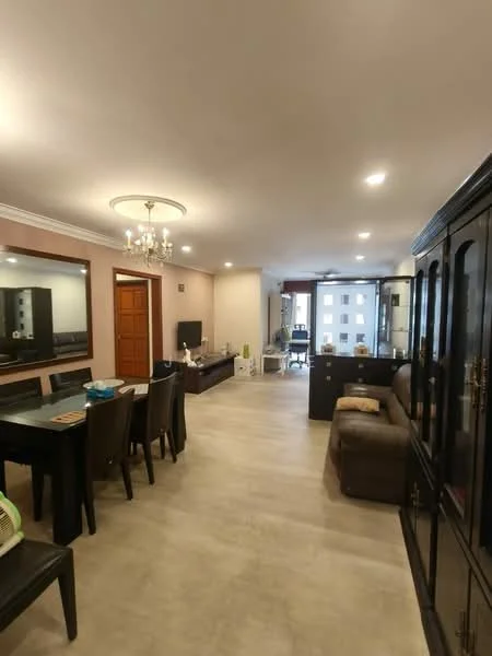 Living features: grey tile flooring, recessed LED downlights, chandelier, wall-mounted TV, dark wood TV console, brown leather sofa, glass coffee table, dining table with black chairs, large mirror on wall, wooden door, large window with city view, decorative wall paneling; style: modern; view: city.