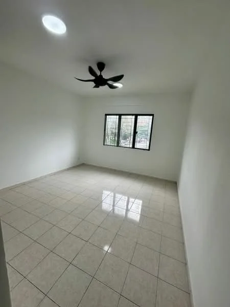 Room features: white painted walls, glossy ceramic tile flooring, ceiling fan, floor-to-ceiling windows, natural light from windows; style: modern; view: garden.
