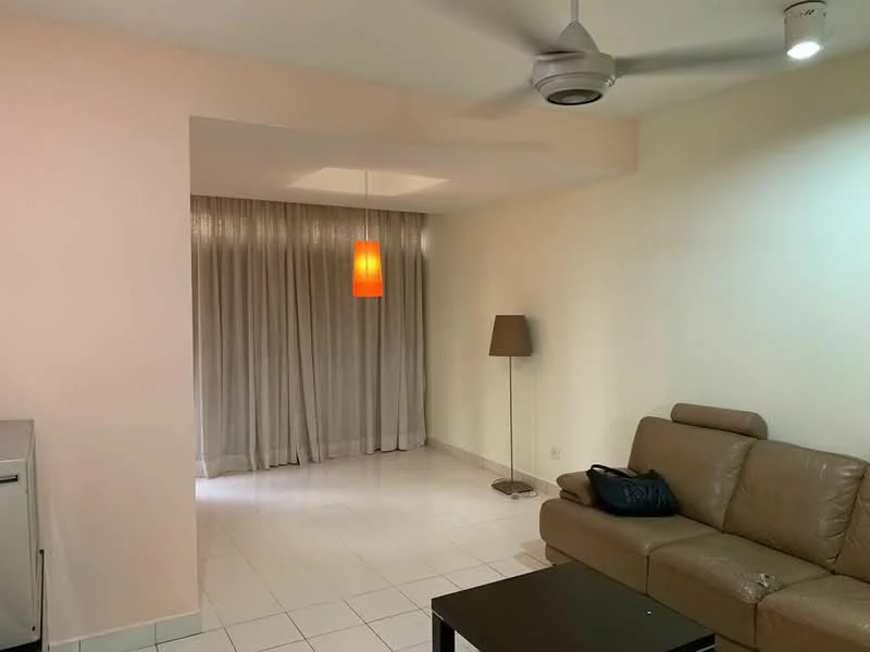 Living features: cream painted walls, white tiled flooring, 5-blade ceiling fan with light, pendant lamp, floor-to-ceiling windows, sheer curtains, brown leather sofa, dark wooden coffee table, lampshade floor lamp; style: modern.