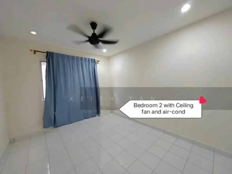 Bedroom features: white painted walls, tile flooring, ceiling fan, air-conditioning unit, window with curtain, neutral color scheme, no visible furniture.