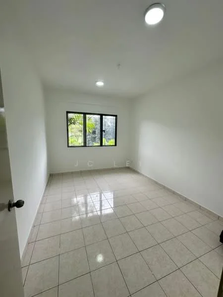 Room features: white painted walls, tile flooring, single-pane window, ceiling light fixture, no visible furniture, natural light from window, neutral color scheme, corner location; style: minimalist; view: garden.