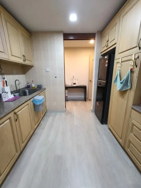 Kitchen features: light wood cabinetry, stainless-steel sink, chrome faucet, grey countertop, built-in refrigerator, tile backsplash, laminate flooring, recessed ceiling lights, open layout, kitchen island, wall-mounted cabinets, drawer storage; style: modern.